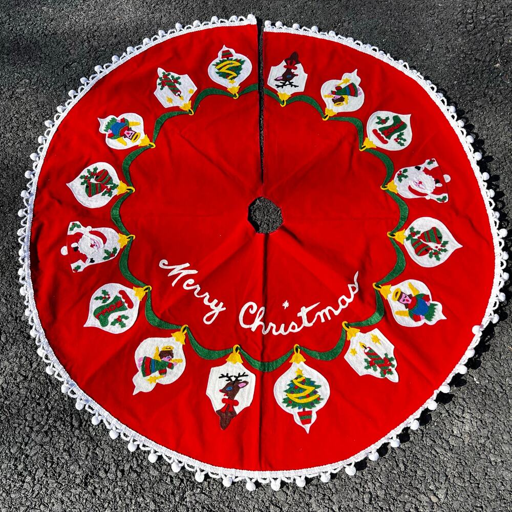 Vintage Handmade Felt Applique Christmas Tree Skirt Red Corduroy